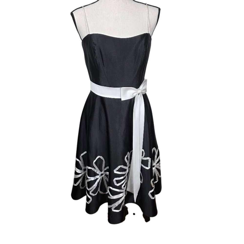 Boutique Cocktail Dress Womens S Black White Ribbon Floral Sash Formal Party